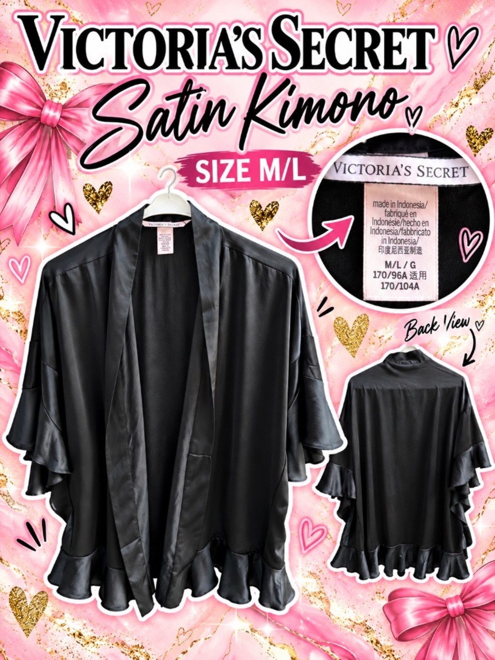 Victoria’s Secret Black Satin Ruffle Kimono Robe – Size M/L